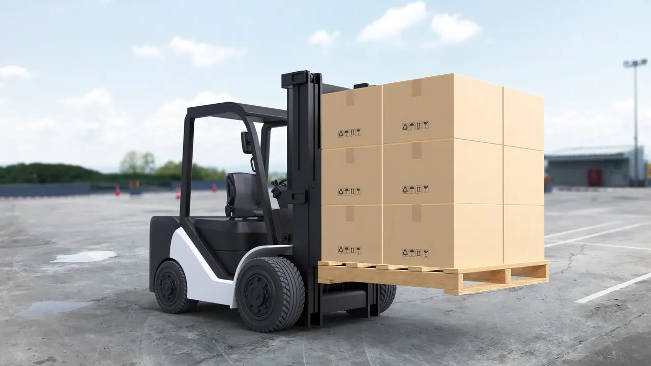 Forklift truck is lifting a pallet with cardboard boxes. 3D illustration